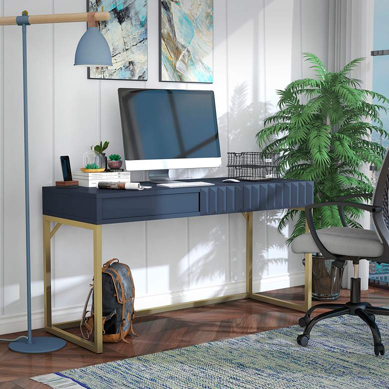 Image 1 Claypool 56 3/4" Wide Blue Gold Lift Top Writing Desk in scene