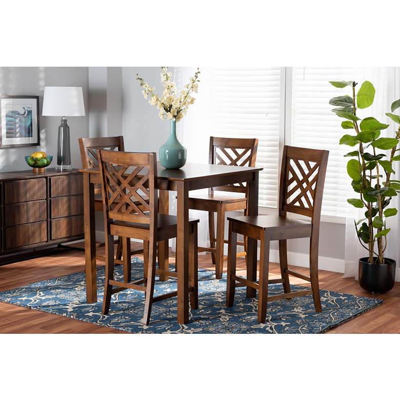 Image 1 Caron Walnut Brown Wood 5-Piece Pub Height Dining Set in scene