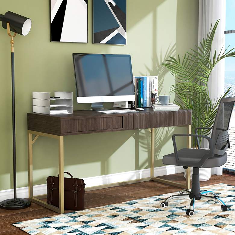 Image 1 Claypool 56 3/4" Wide Walnut Gold Lift Top Writing Desk in scene