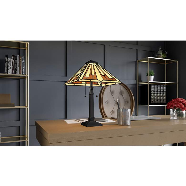 Image 1 Quoizel Hathaway 22" 2-Light Mission Black Tiffany Style Table Lamp in scene