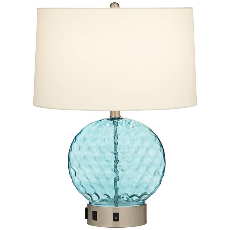 Image 1 94J96 - Aqua Glass Table Lamp With 1 Outlet and 1 USB