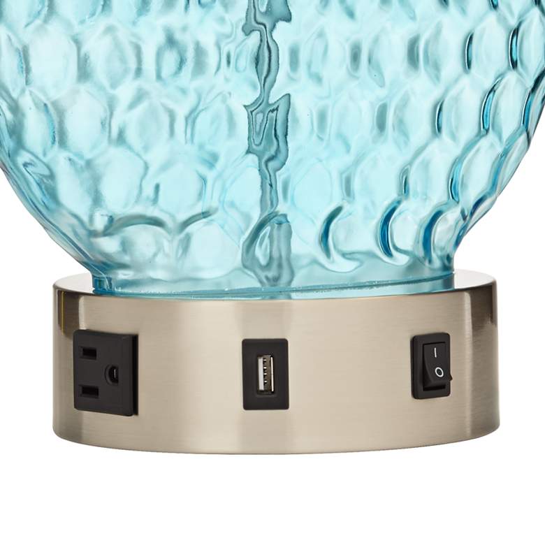 Image 2 94J96 - Aqua Glass Table Lamp With 1 Outlet and 1 USB more views