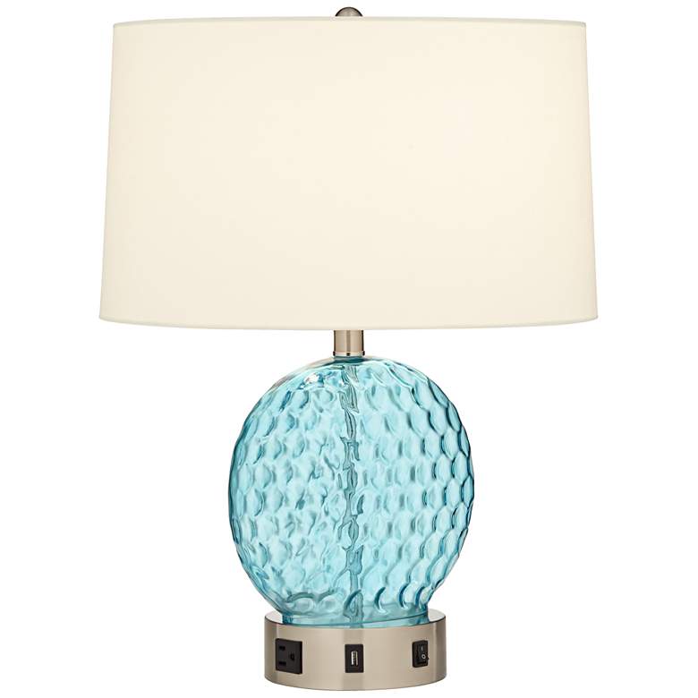Image 3 94J96 - Aqua Glass Table Lamp With 1 Outlet and 1 USB more views