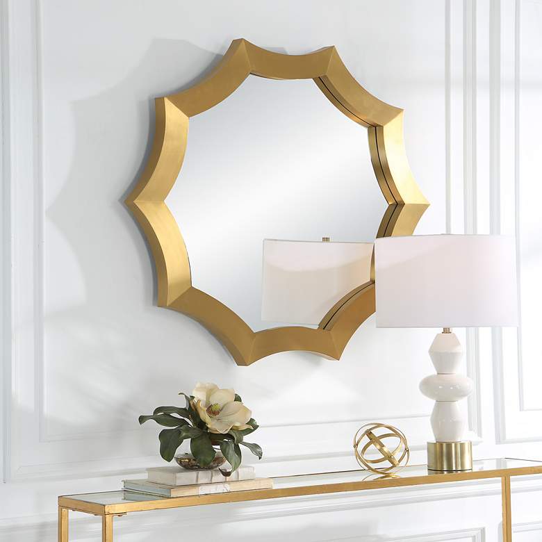 Image 1 Flare Plated Brushed Brass 40 inch x 42 inch Scalloped Wall Mirror in scene