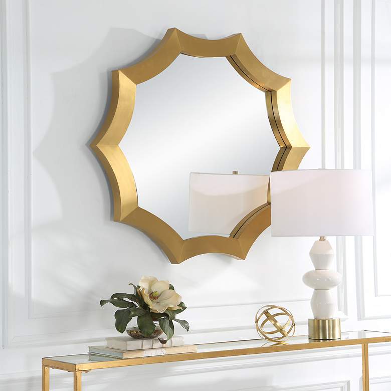 Image 1 Flare Plated Brushed Brass 40" x 42" Scalloped Wall Mirror in scene