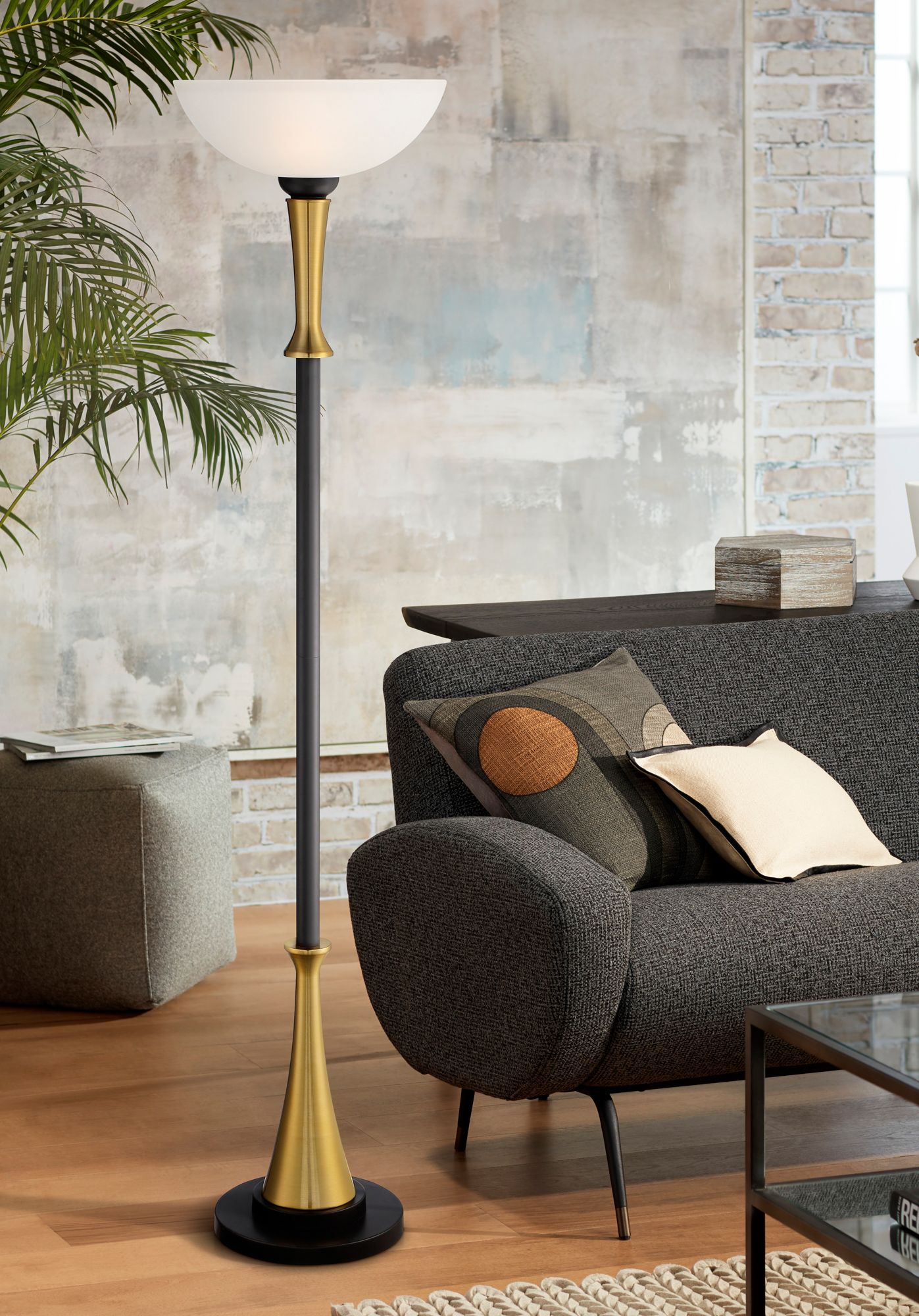 Image 1 Possini Verdugo 70" Black and Brass Torchiere Floor Lamp with Dimmer in scene