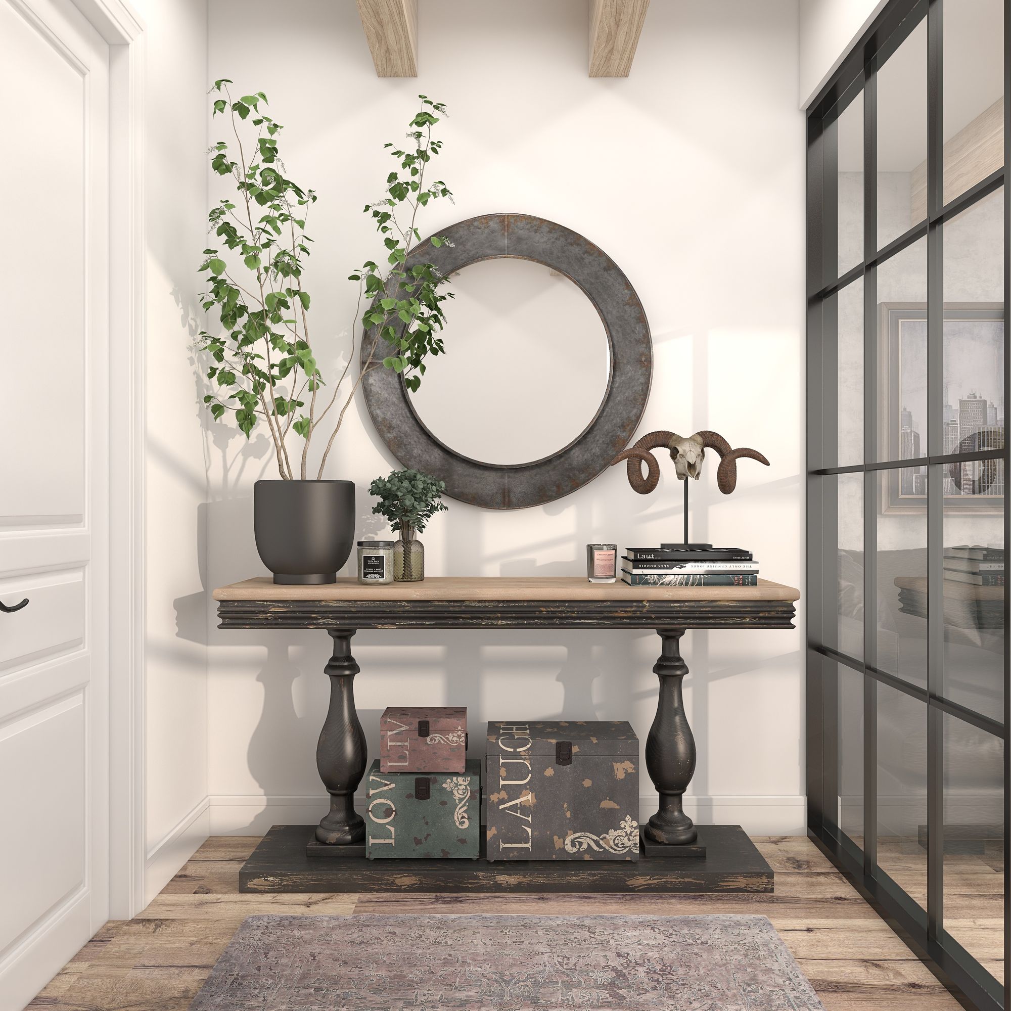 Image 1 Madigan Matte Gray Metal 35" Round Wall Mirror in scene