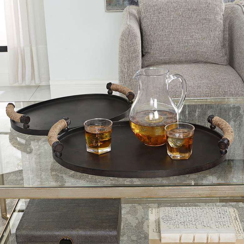 Image 1 Viggo Oxidized Bronze Metal Oval Trays Set of 2 with Handles in scene