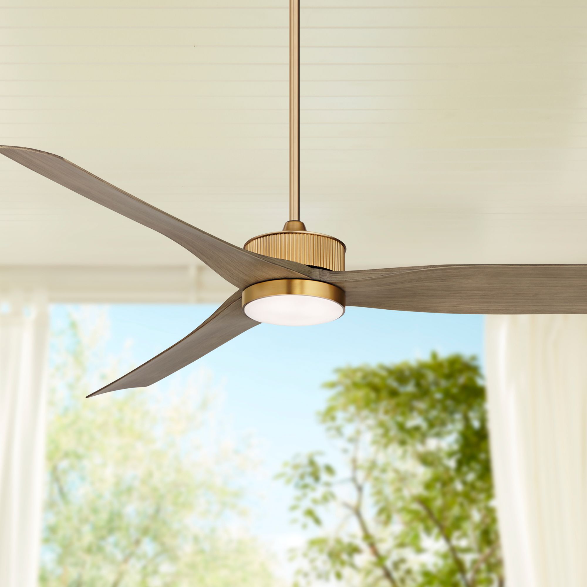 Watch A Video About the 60 Casa Vieja Montage Soft Brass LED Damp Rated Fan with Remote