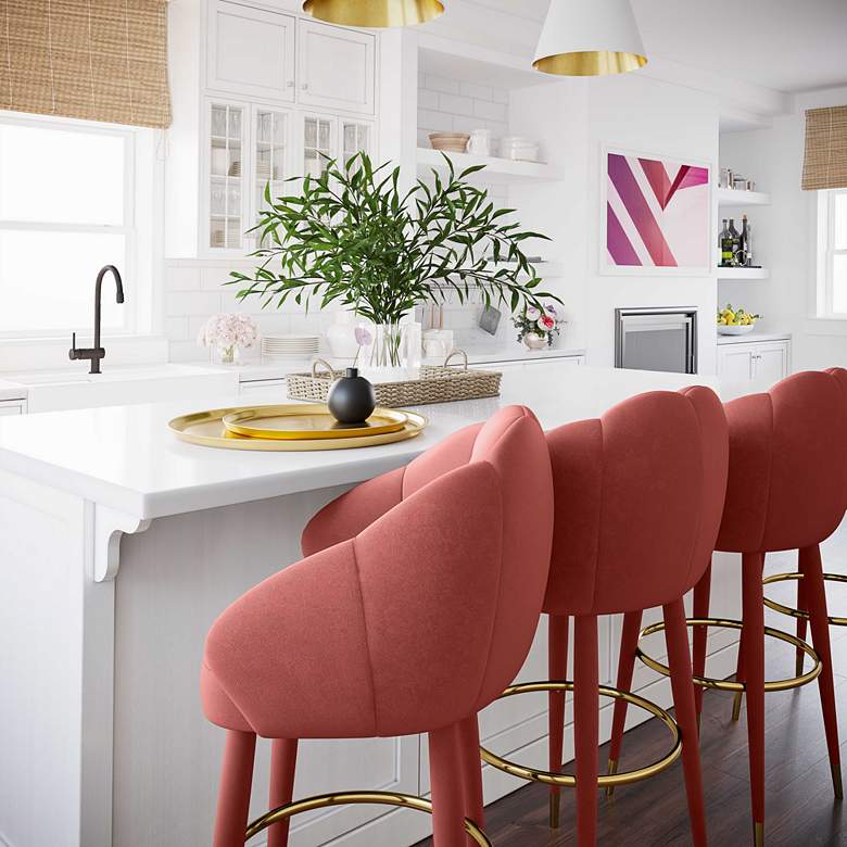 Image 1 TOV Myla 26 1/2" Salmon Pink Velvet Modern Swivel Counter Stool in scene