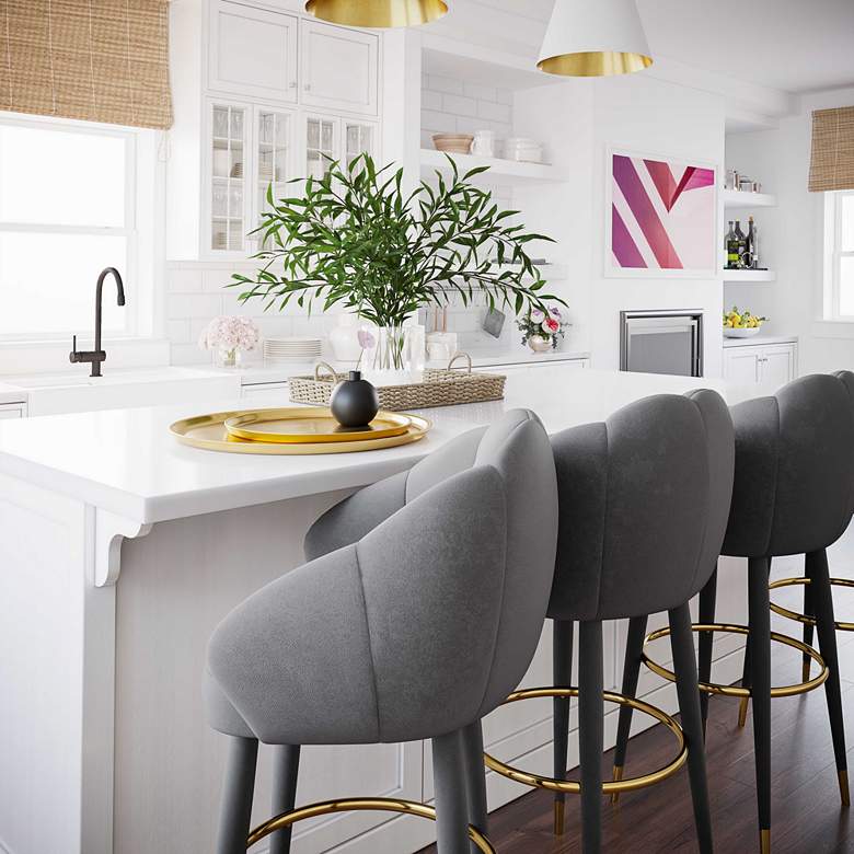 Image 1 TOV Myla 26 1/2" Modern Light Gray Velvet Swivel Counter Stool in scene