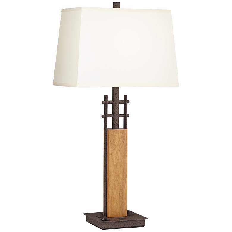 Image 1 9G810 - 24 inchH Dark Rust and Wood Table Lamp w/Outlet