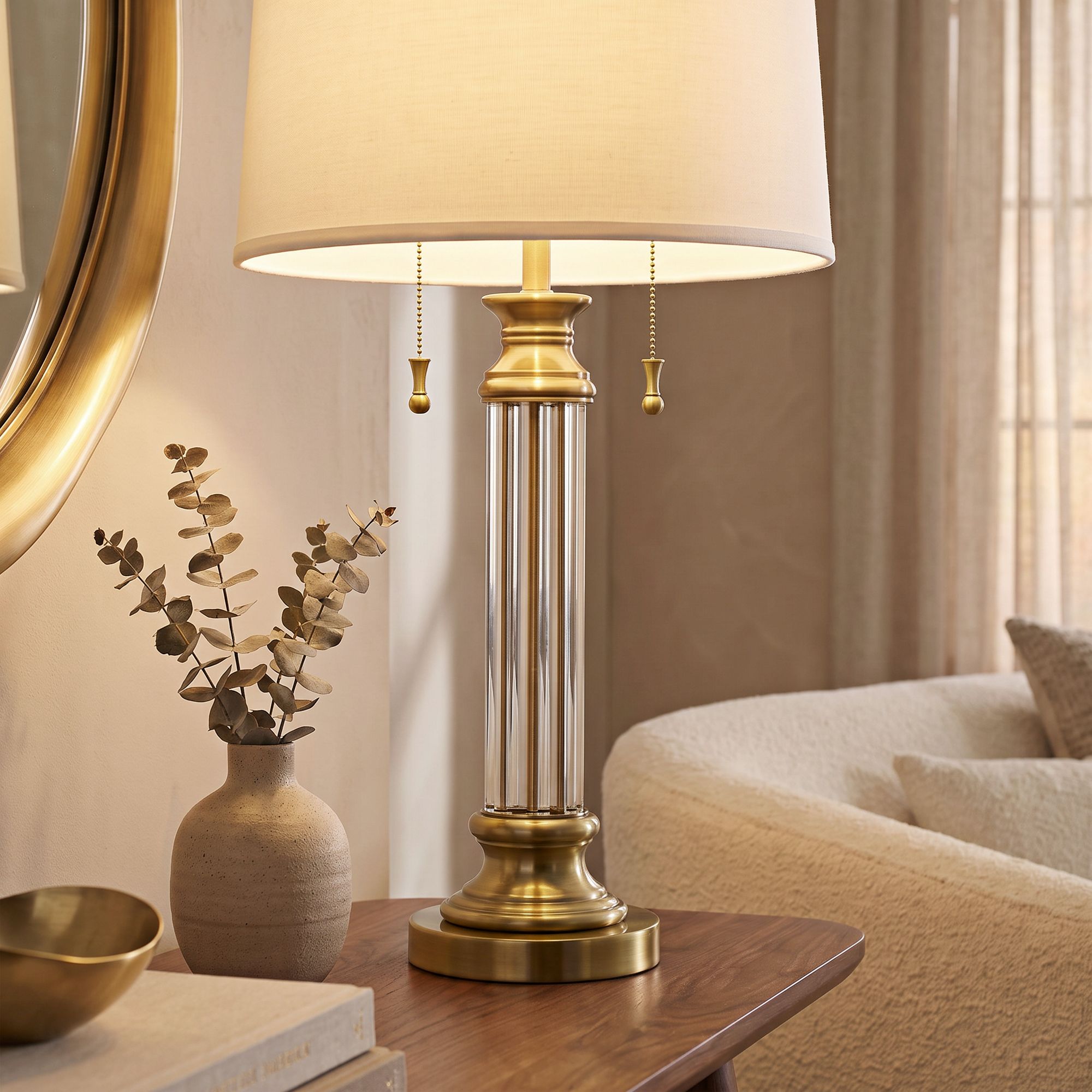 Watch A Video About the Vienna Full Spectrum Rolland Brass and Glass Column Table Lamp