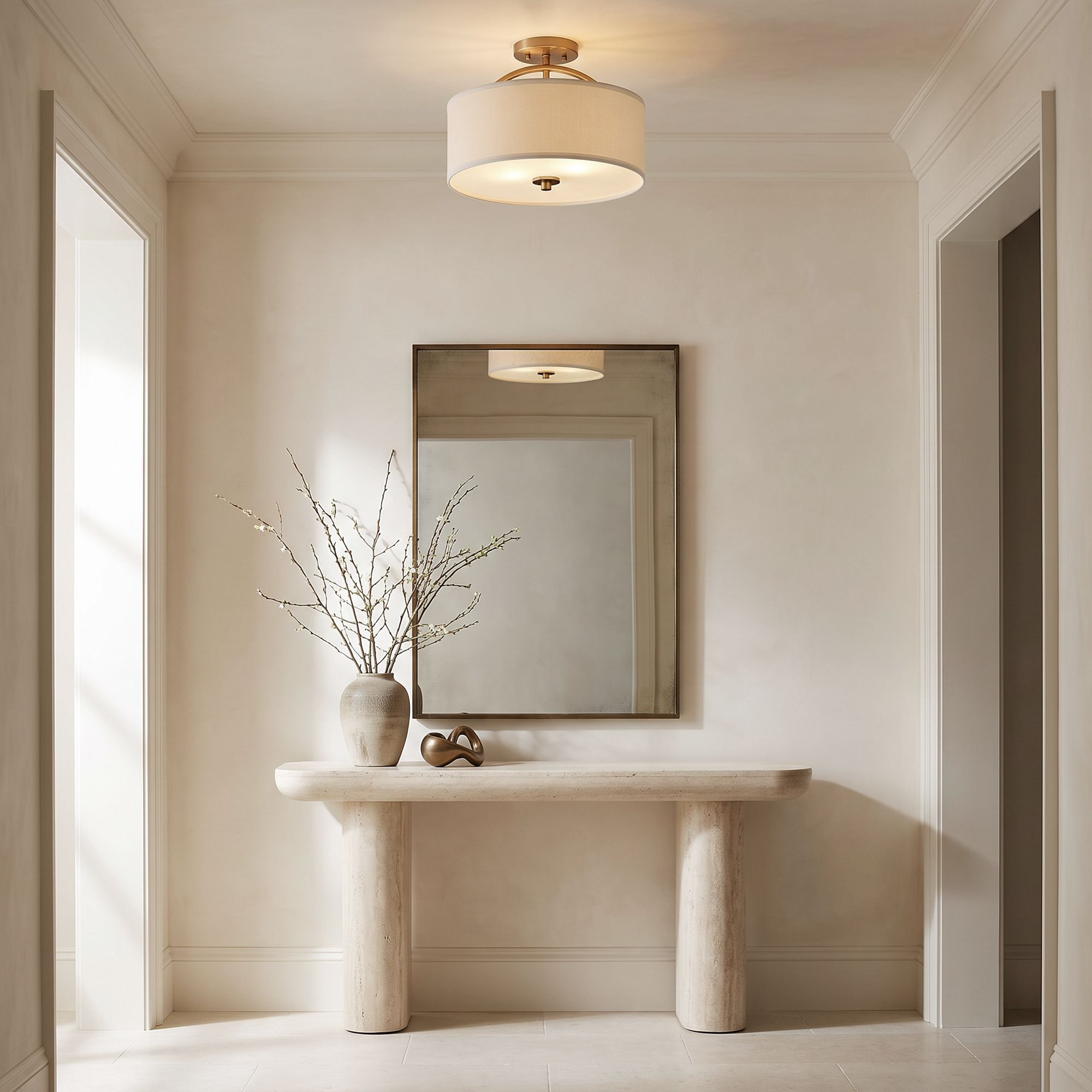 Image 1 Possini Euro Halsted 15" Brass with White Linen Shade Ceiling Light in scene