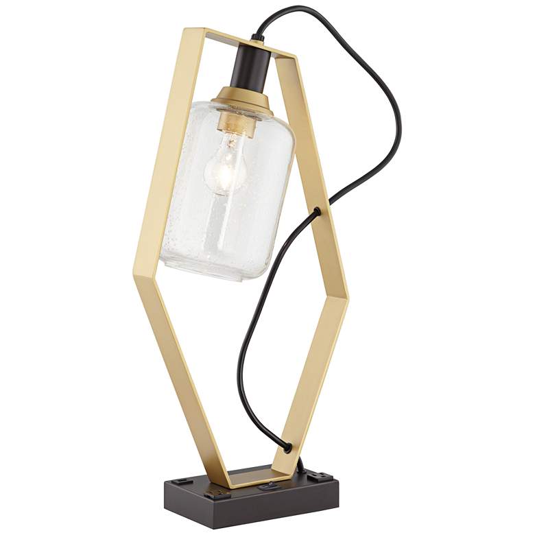 Image 1 9P569 - Metal and Glass Shade Desk Lamp w/ Power Outlets