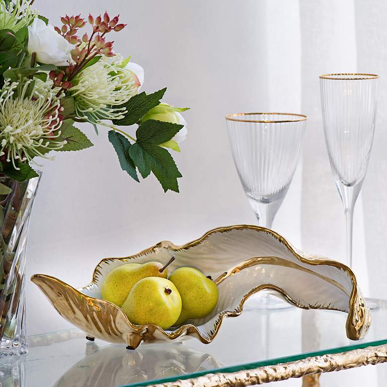 Image 2 A & B Home 15 1/2" Twisted Leaf White Gold Ceramic Table Accent