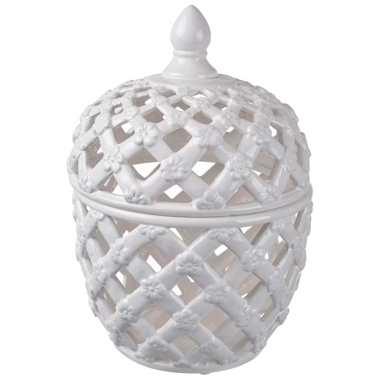 Image 1 A &amp; B Home Ballas 11 1/2 inch High White Open Weave Ceramic Lidded Jar