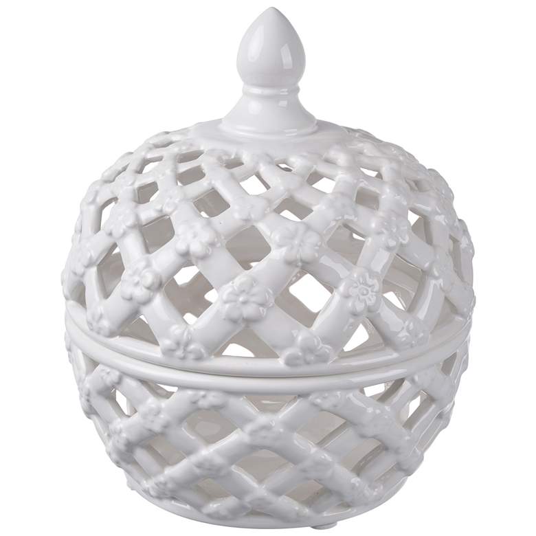 Image 1 A & B Home Ballas 9 1/2" High White Open Weave Ceramic Lidded Jar