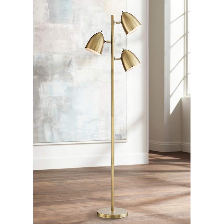 Image 1 Aaron Aged Brass 3-Light Floor Lamp with 9W LED Bulbs