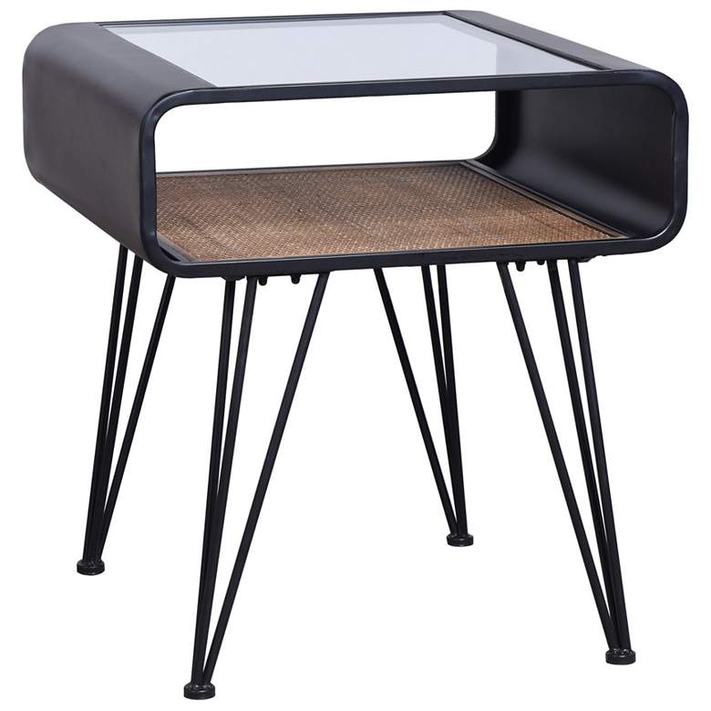 Image 1 Aaron Graphite Metal Accent Table with Clear Glass Top and Rattan Shelf