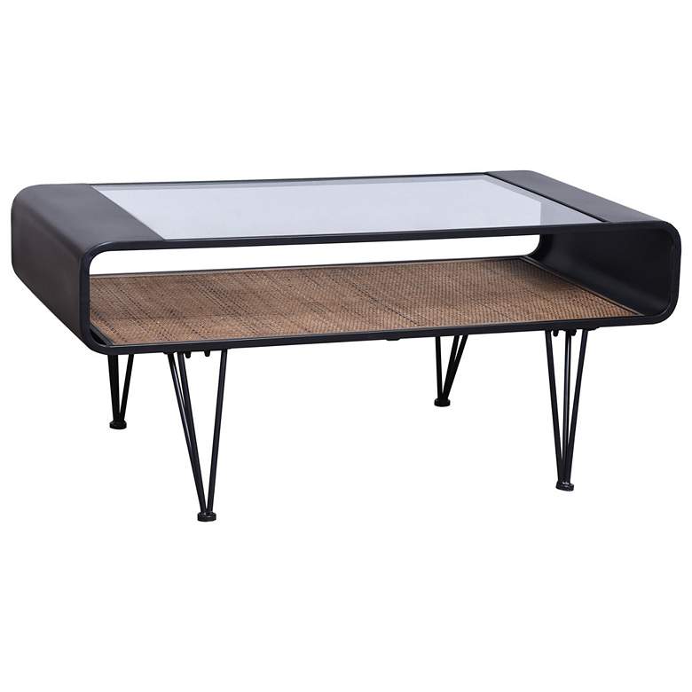 Image 1 Aaron Graphite Metal Coffee Table with Clear Glass Top and Rattan Shelf