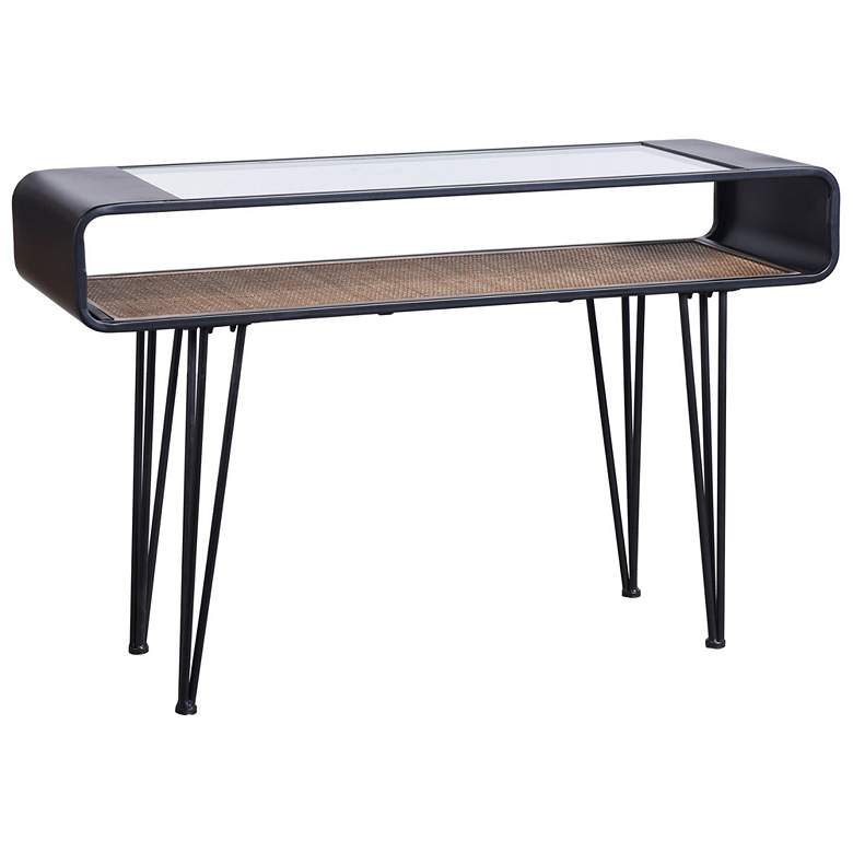 Image 1 Aaron Graphite Metal Console Table with Clear Glass Top and Rattan Shelf