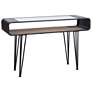 Aaron Graphite Metal Console Table with Clear Glass Top and Rattan Shelf