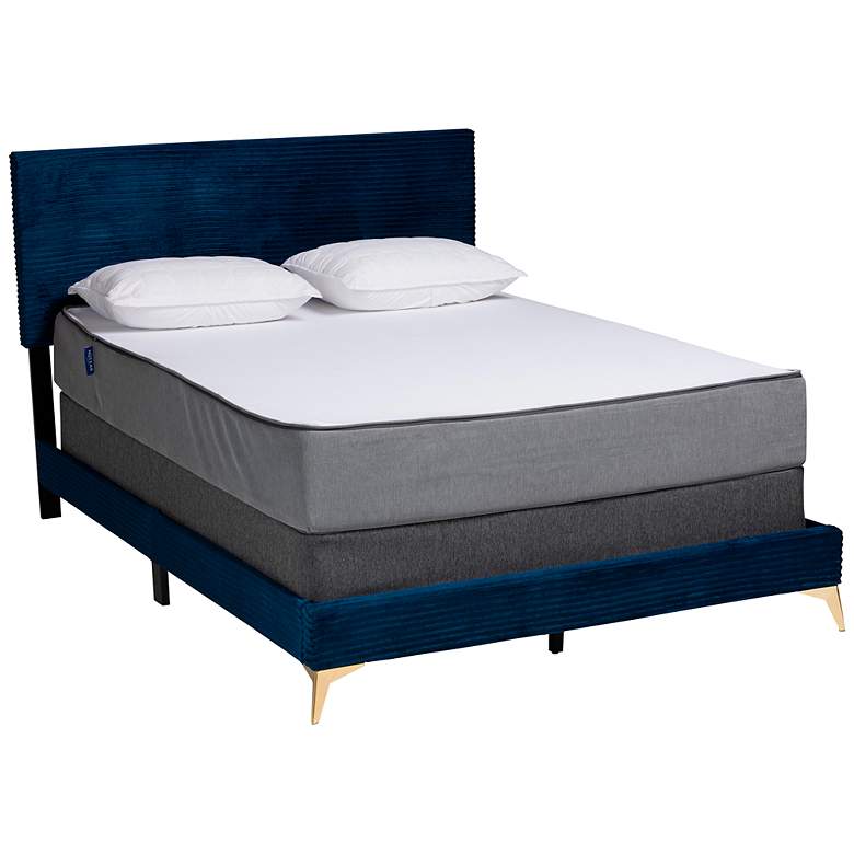 Image 2 Abberton Navy Blue Velvet Fabric Queen Size Panel Bed