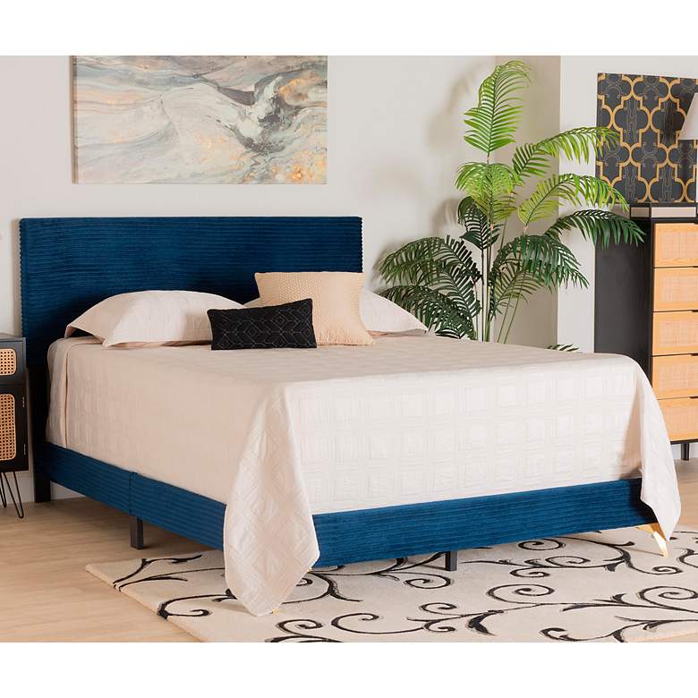 Image 1 Abberton Navy Blue Velvet Fabric Queen Size Panel Bed