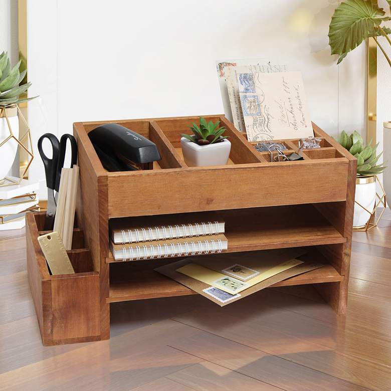 Abby Natural Wood Tiered Desk Organizer w/ Cubbies and Tray