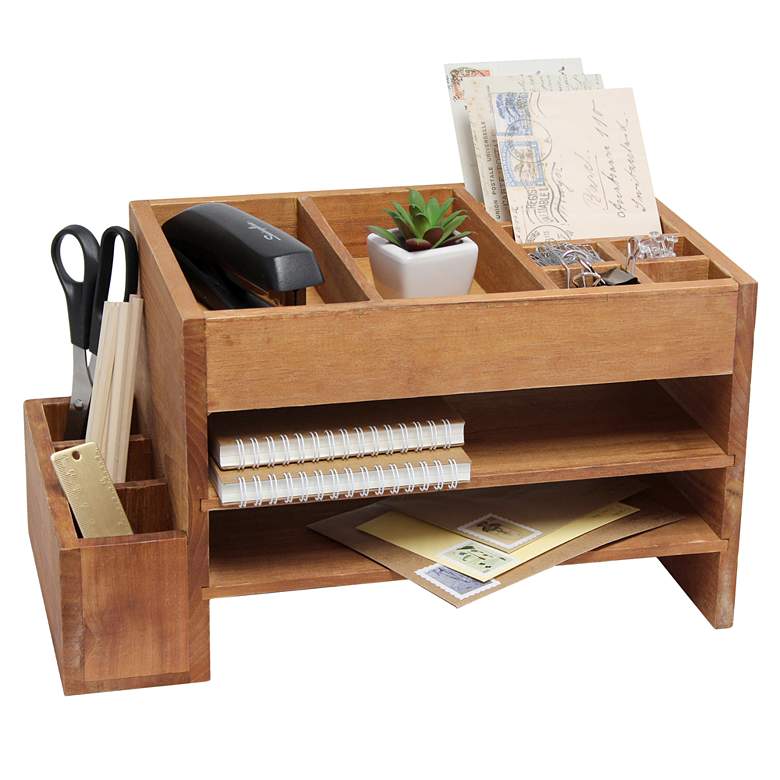 Image 7 Abby Natural Wood Tiered Desk Organizer w/ Cubbies and Tray more views