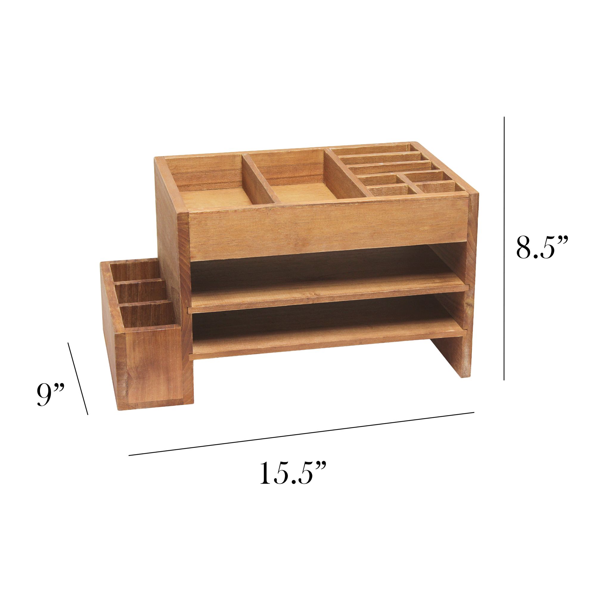 Abby Natural Wood Tiered Desk Organizer w/ Cubbies and Tray