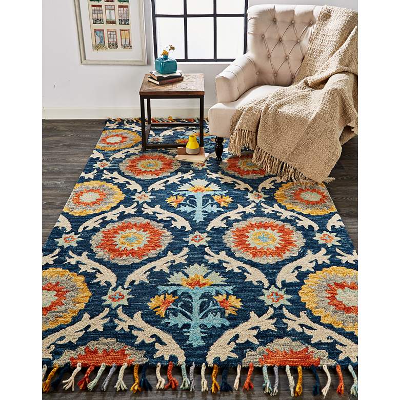 Image 1 Abelia 6648673 5'x8' Blue Gold Tufted Suzani Wool Area Rug