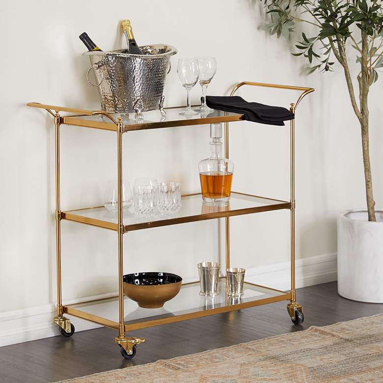 Image 1 Aberdeen 37 1/2" Wide Brass Metal 3-Shelf Bar Cart