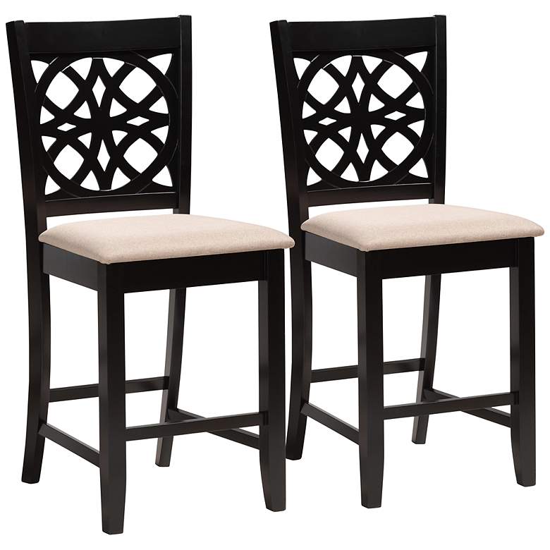 Image 2 Abigail 25 1/2" Beige Fabric Brown Counter Stools Set of 2