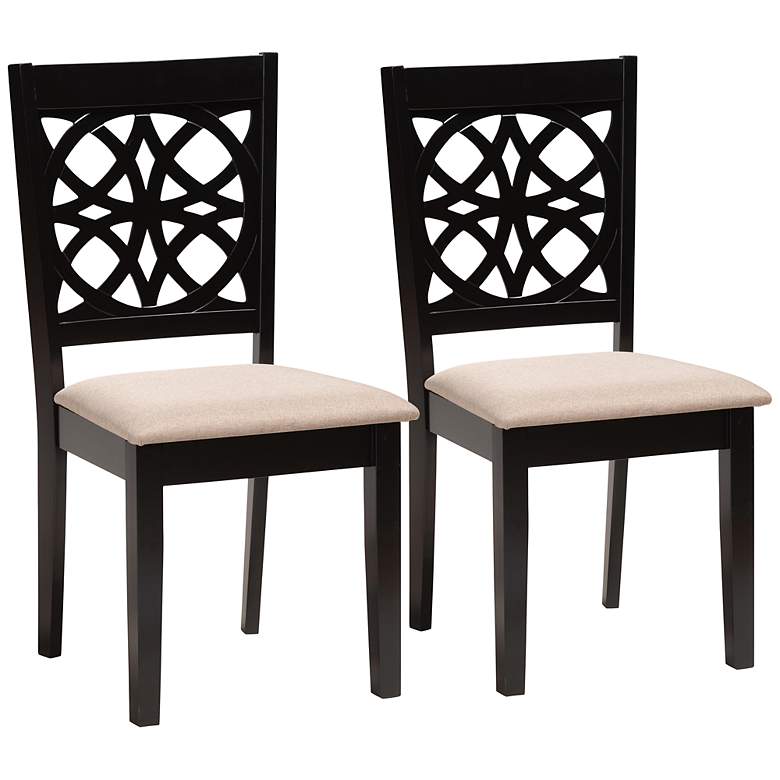 Image 2 Abigail Beige Fabric Dark Brown Wood Dining Chairs Set of 2