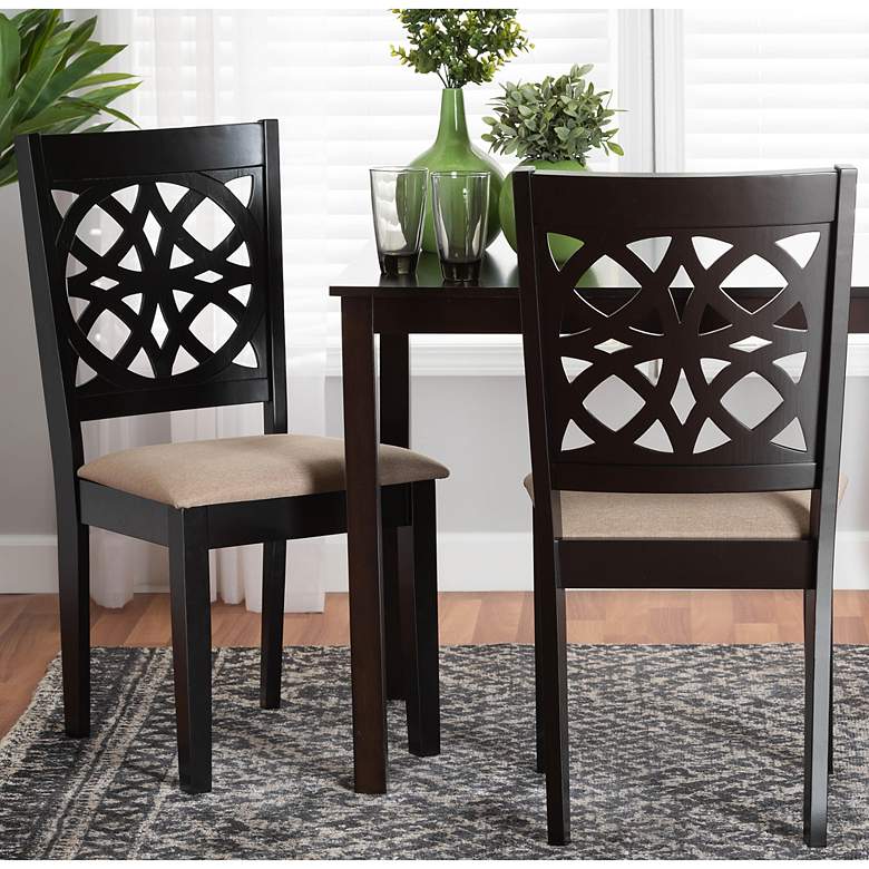 Image 1 Abigail Beige Fabric Dark Brown Wood Dining Chairs Set of 2