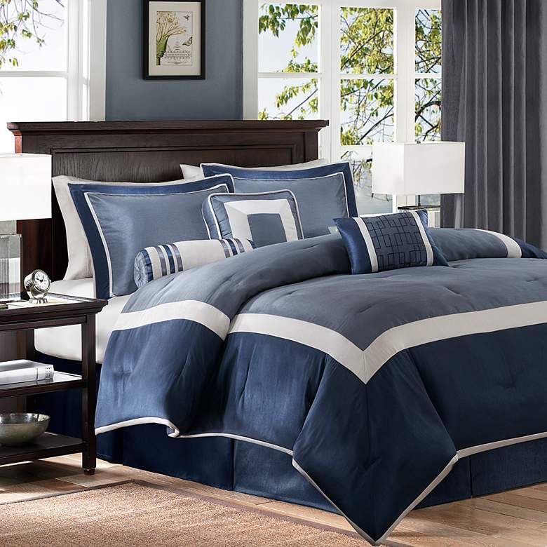 Image 2 Abigail Navy Pieced 7-Piece Queen Comforter Bed Set