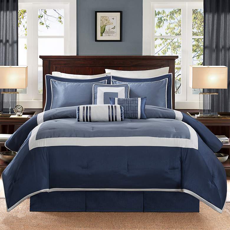Image 1 Abigail Navy Pieced 7-Piece Queen Comforter Bed Set