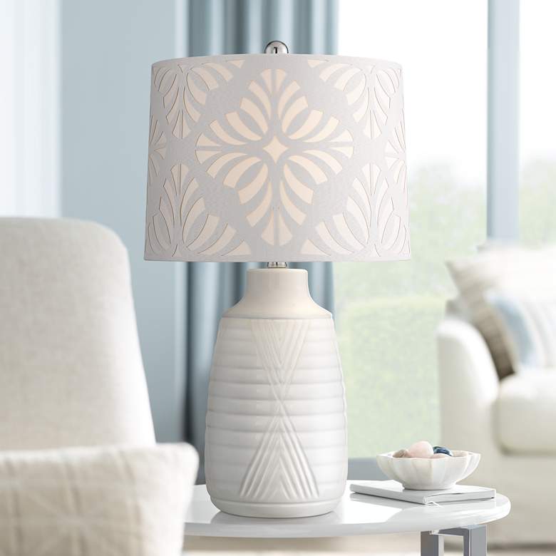 Image 1 Abigail White Ceramic Table Lamp with Cutout Patterned Shade