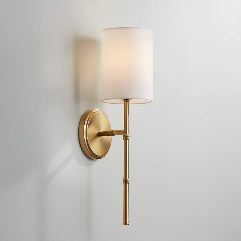 Abigale 19 1/4&quot; High Brass and White Fabric Shade Wall Sconce