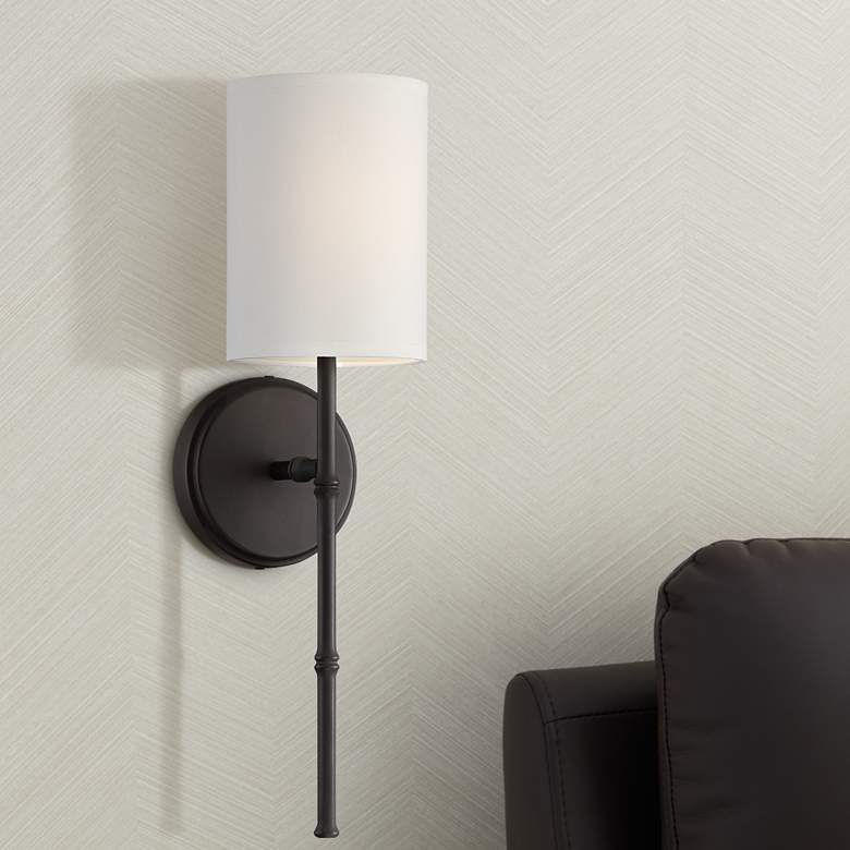 Image 1 Abigale 19 1/4 inchH Bronze and White Fabric Shade Wall Sconce