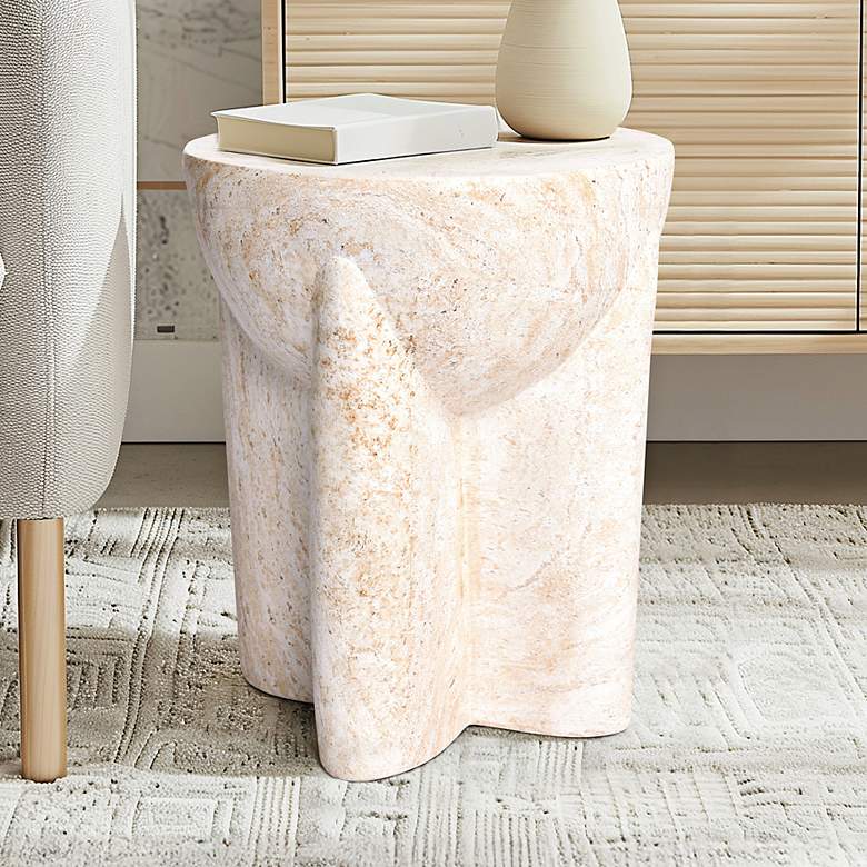 Image 1 Abstract 15"W Carved Pillar Travertine Stone Accent Table