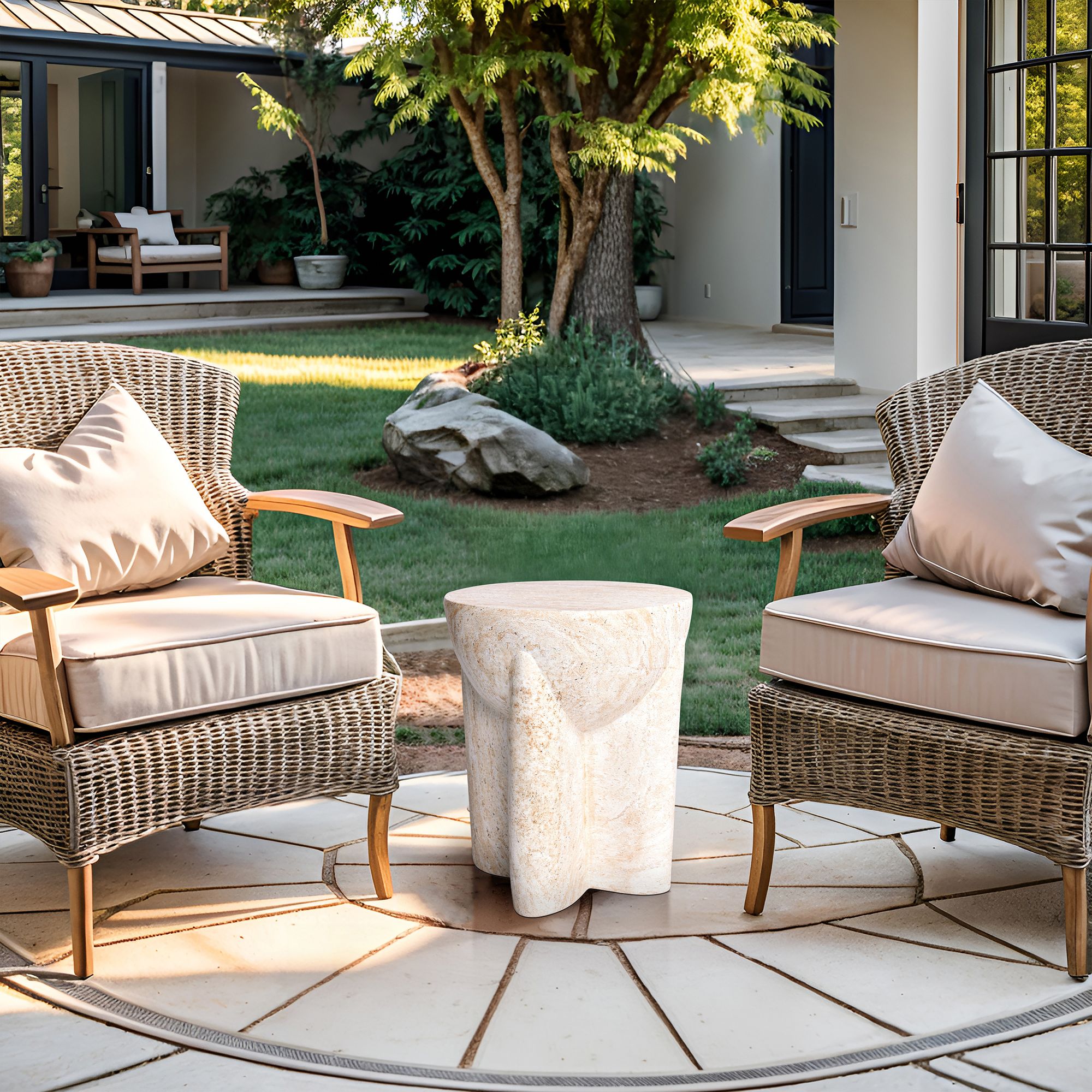 Abstract 15"W Carved Pillar Travertine Stone Accent Table
