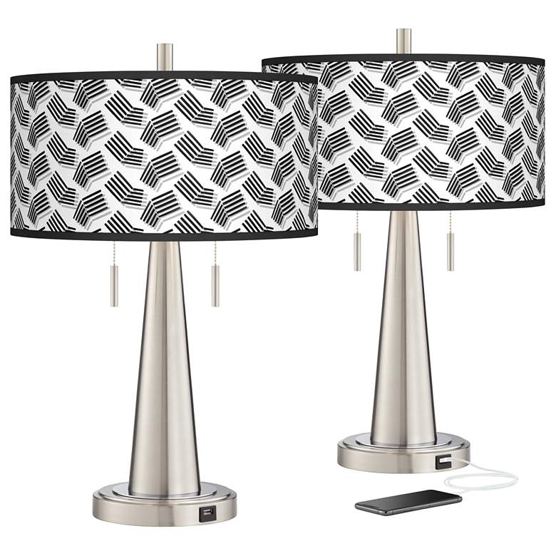 Image 1 Abstract Angles Vicki Brushed Nickel USB Table Lamps Set of 2