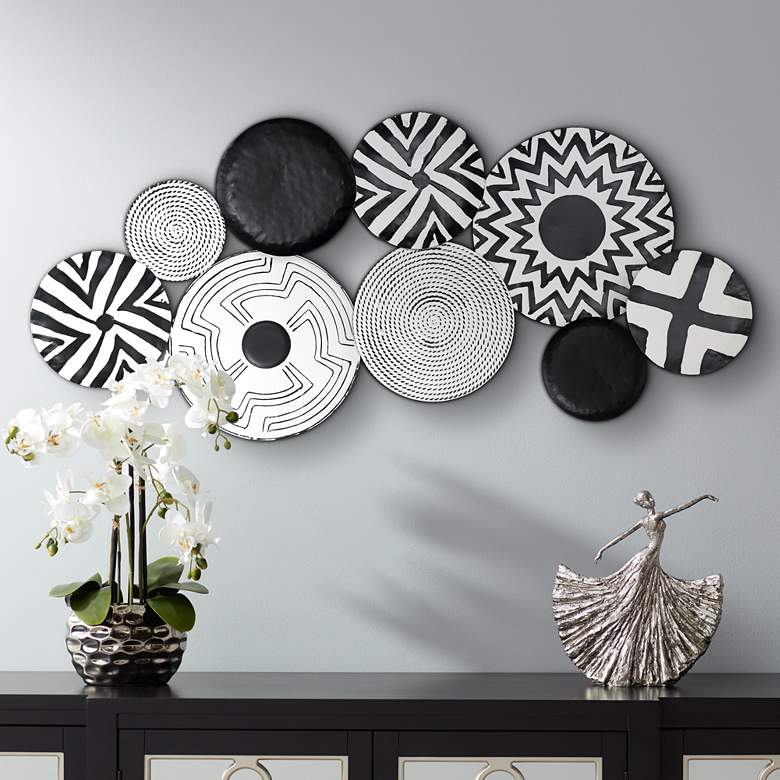 Abstract Discs 45 1/4&quot; Wide Black and White Metal Wall Art