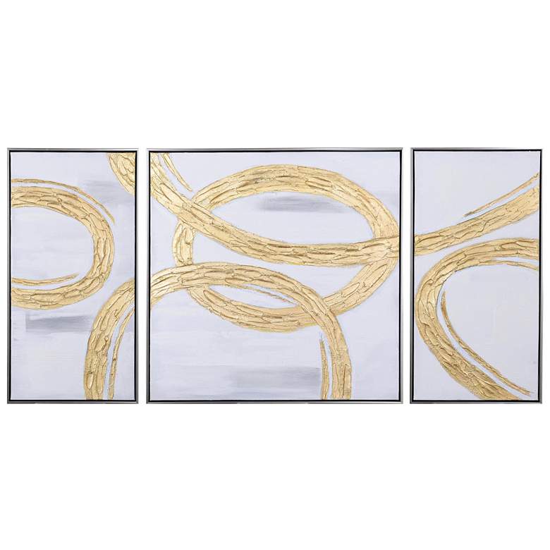 Image 1 Abstract Gold Circles Triptych Black Framed Oil On Canvas - Set of 3