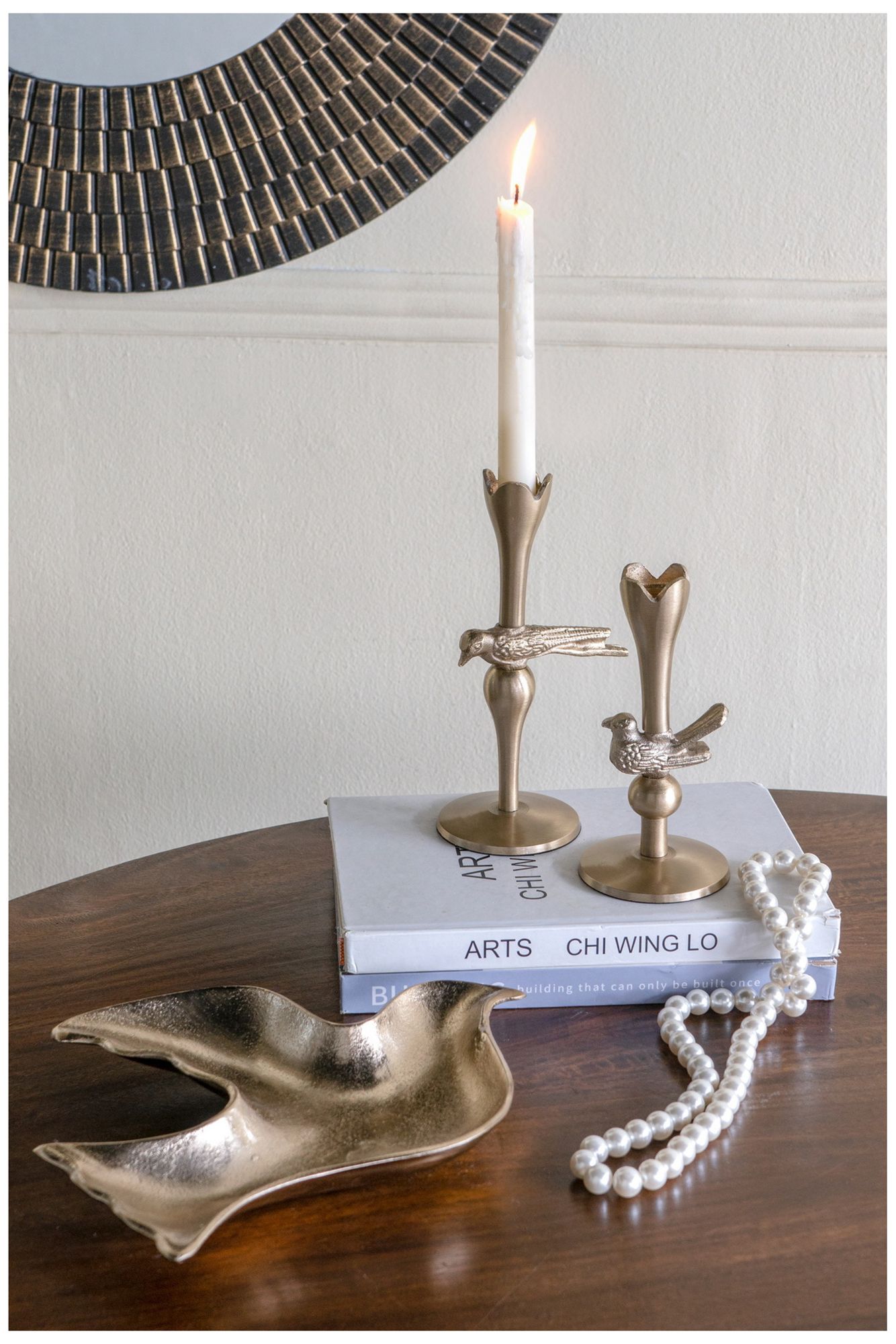 Image 6 Abstract Gold Tulip Candle Holder with Playful Bird Accent more views