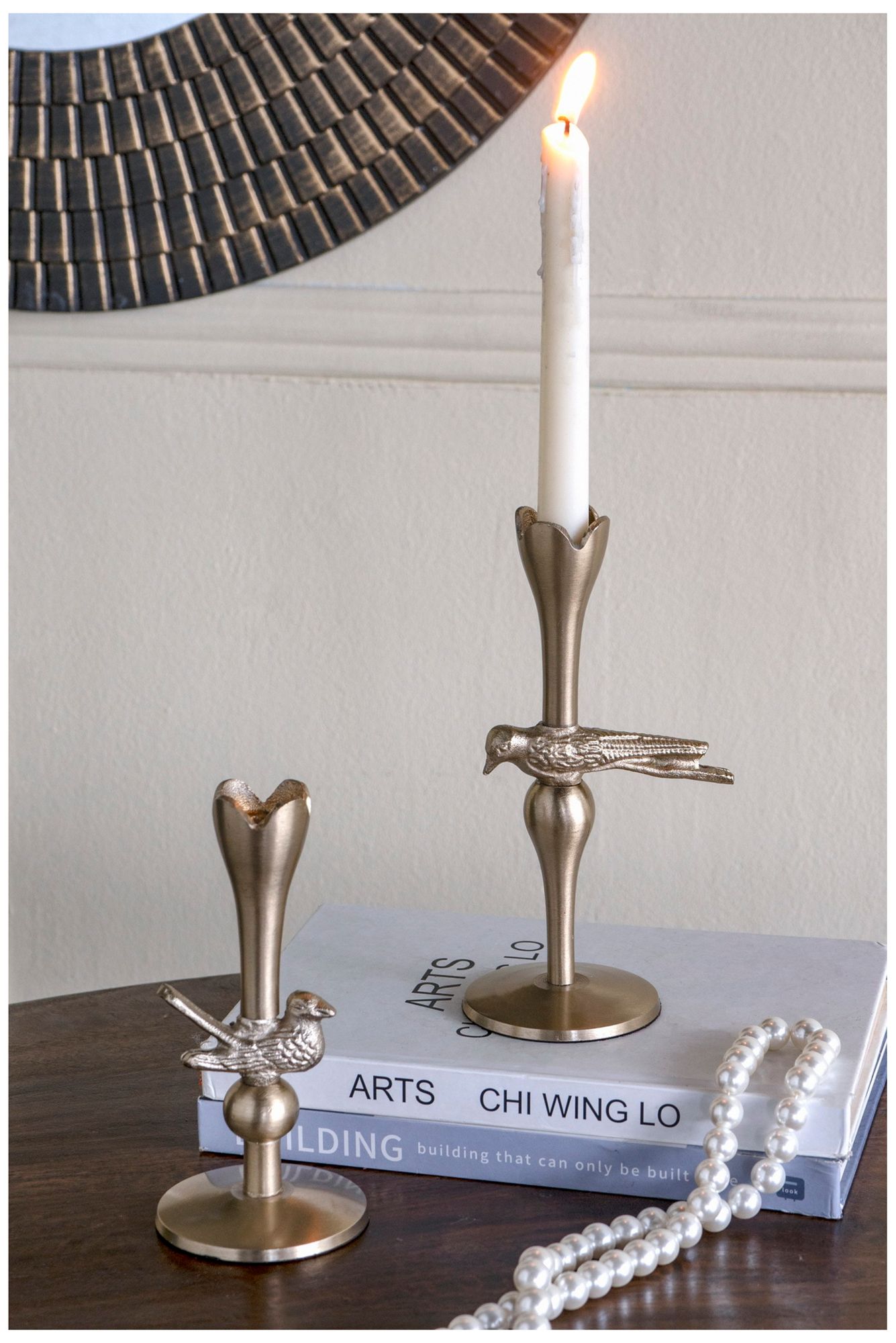Image 7 Abstract Gold Tulip Candle Holder with Playful Bird Accent more views