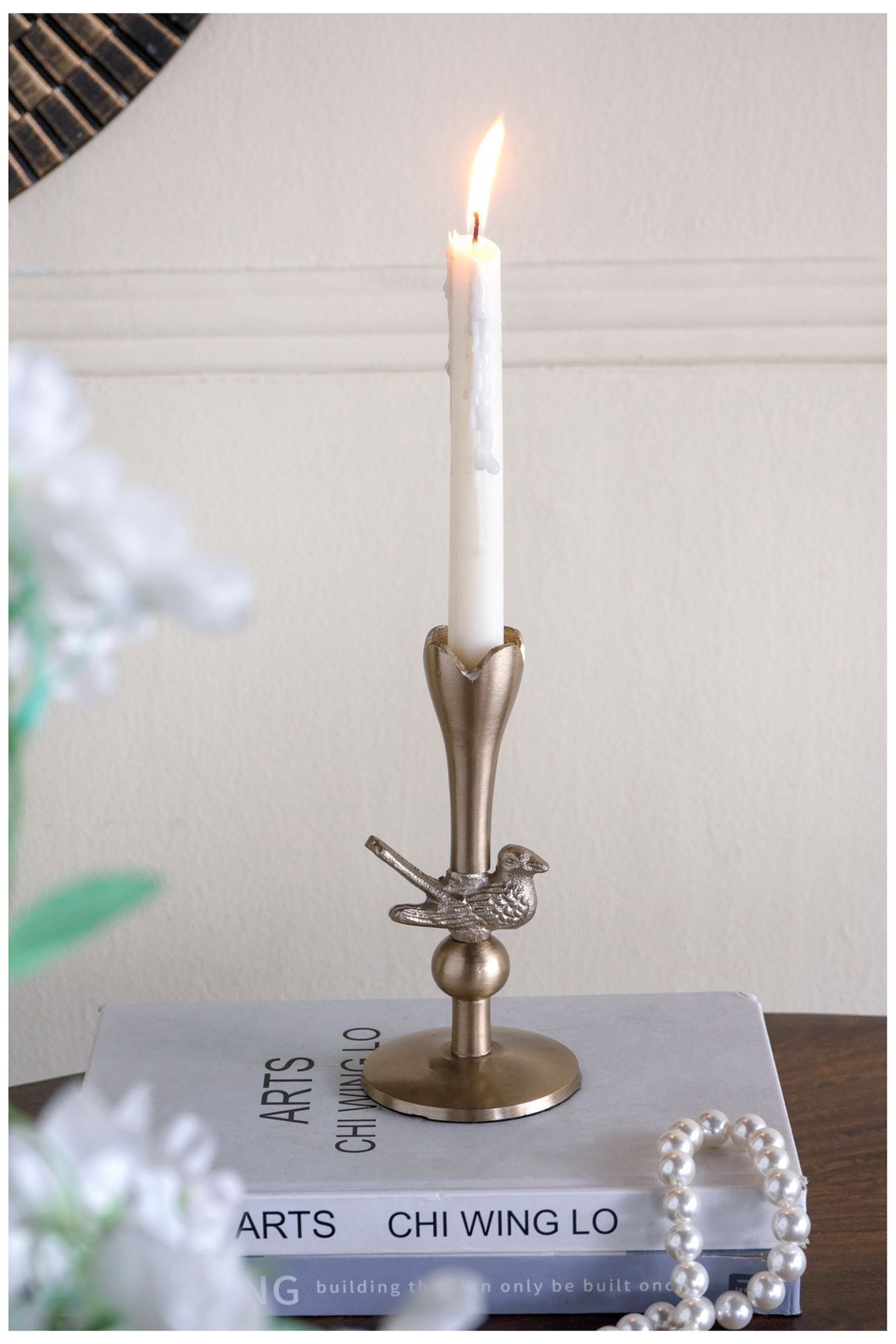 Abstract Gold Tulip Candle Holder with Playful Bird Accent